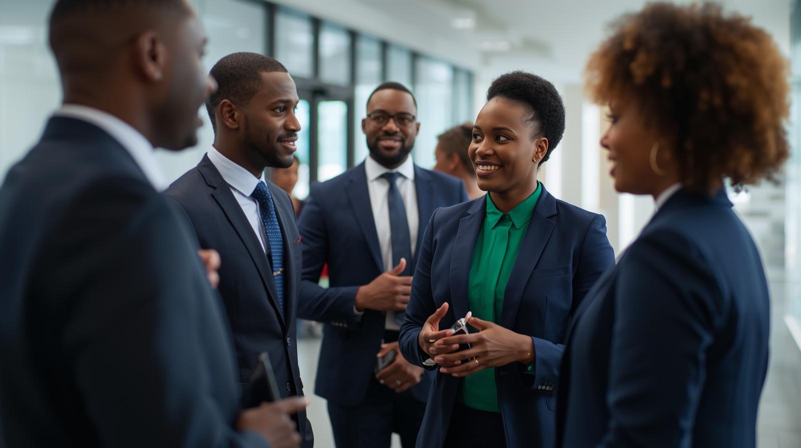 a group of african corporate men and women talking with n a well lit conference room. wearing professional clothing incorporate navy blue and emerald green into some of the clothing